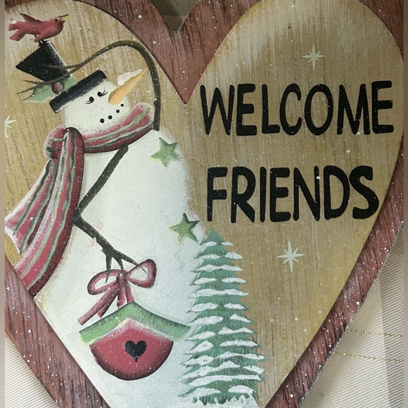‘WELCOME FRIENDS’ WOODEN SNOWMAN DECORATION RUSTIC CHRISTMAS - Picture 2 of 5